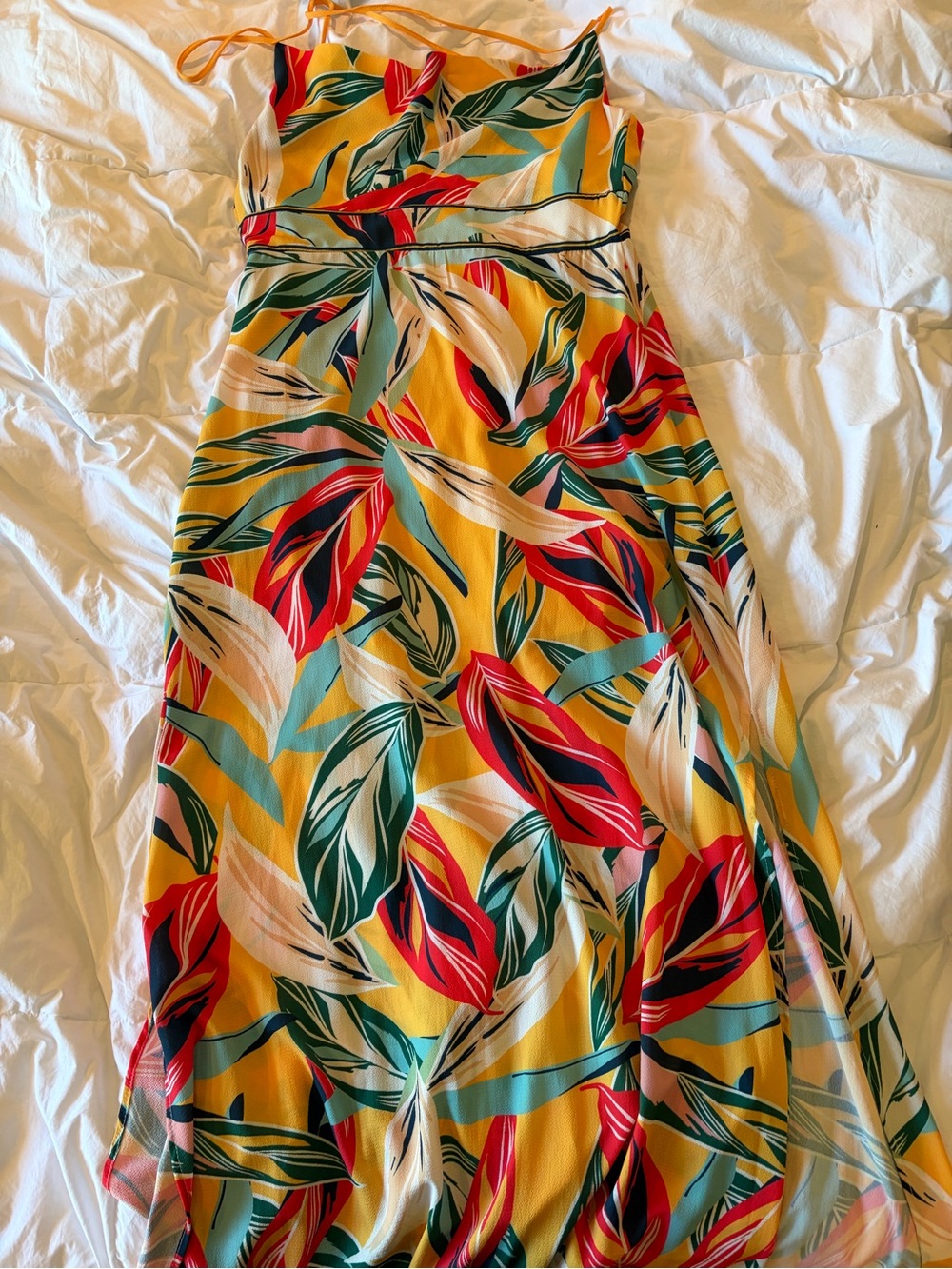 Tropical Yellow Maxi Dress with Red & Green Leaf Print